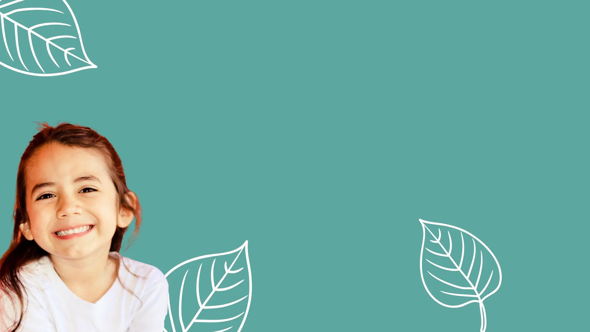 Young girl smiling with white leaf illustrations on a teal background