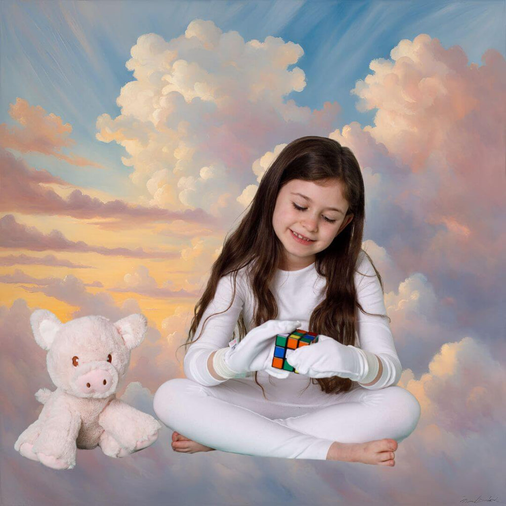 Smiling girl in white scratch mitts enjoying playtime, wearing white scratch mittens.