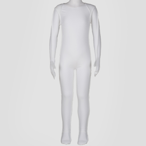 White full-body suit on a mannequin against a light gray background