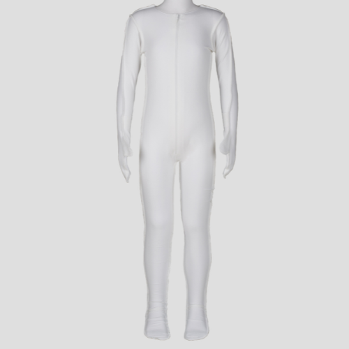 White bodysuit on a mannequin against a light gray background