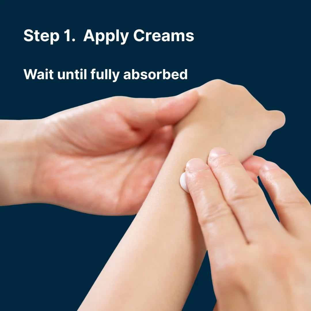 Person applying cream to another person's arm with a blue background and text