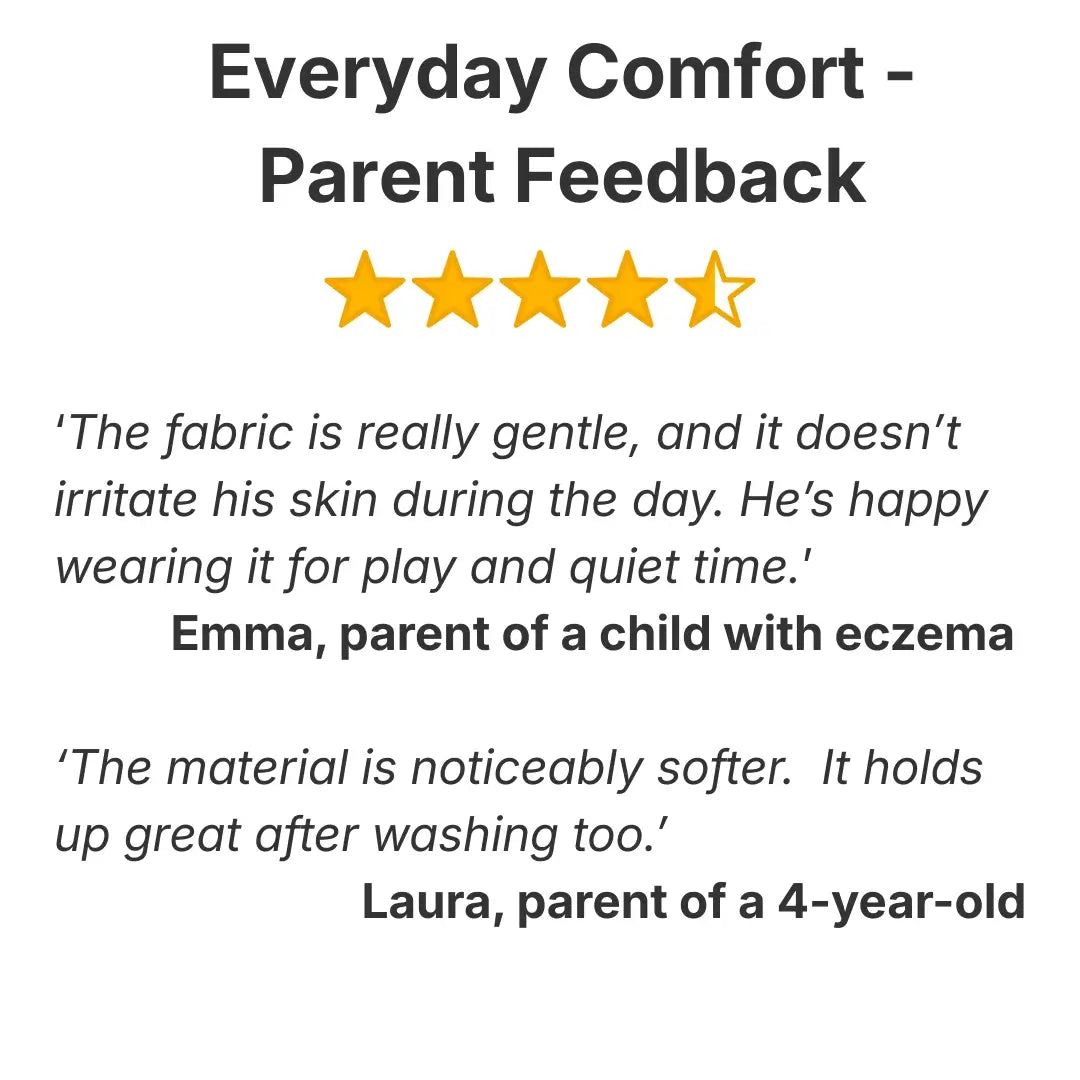 Eczema Day Suit Product feedback from parents with ratings and comments on fabric and material quality.