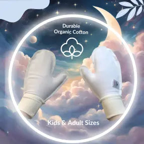 Pair of scratch mitt gloves with 'Durable Organic Cotton' label against a celestial background