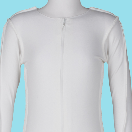White long-sleeve top on a mannequin against a light blue background