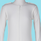 White long-sleeve top on a mannequin against a light blue background