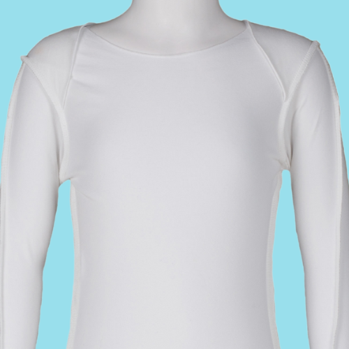 White long-sleeve shirt on a mannequin against a light blue background