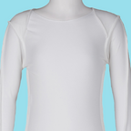 White long-sleeve shirt on a mannequin against a light blue background