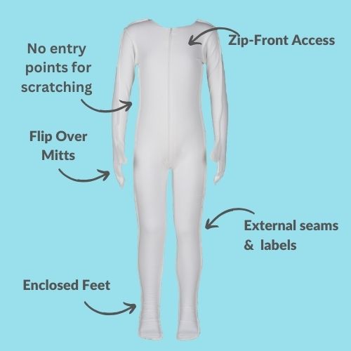 A picture of  skinakin's zipped front eczema pyamas.  Text labels the benefits of zip front access, flip over mitts, external labels and seams, and enclosed feet.
