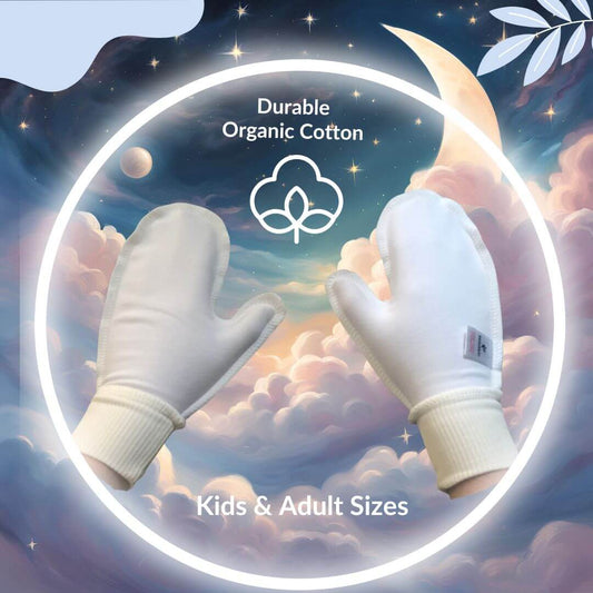 White eczema mitts with secure ribbed cuffs.  Pink clouds and a night sky.