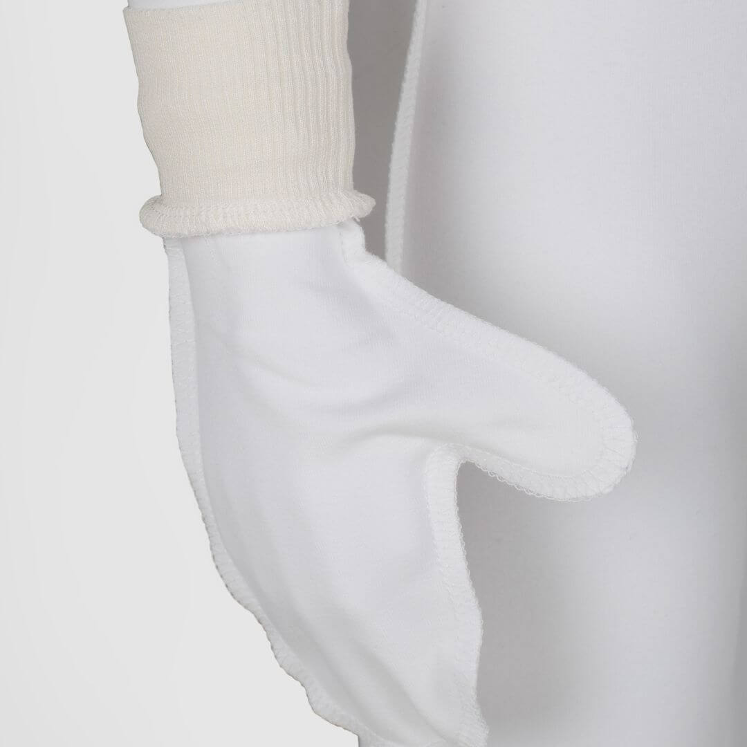 White Skinakin Eczema Mitts with ribbed cuff detail.
