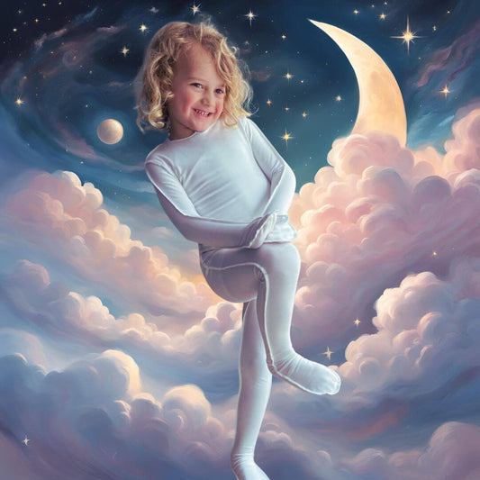 Happy child in a white eczema-friendly bodysuit, enjoying playtime with a starry night and moonlit backdrop.