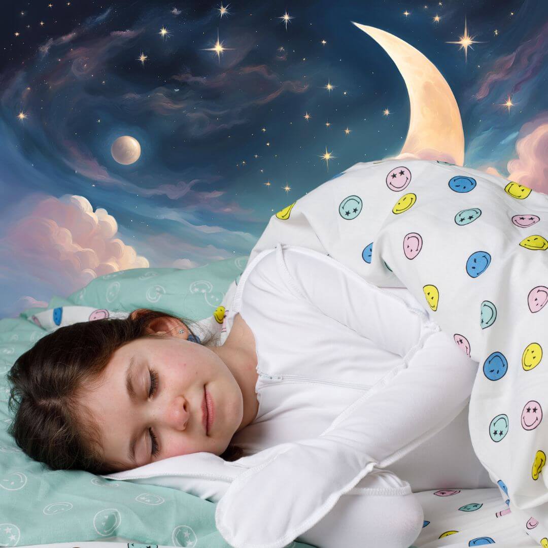 A girl smiling wearing a white skinakin eczema suit.  A dreamy  night background with moon and stars.