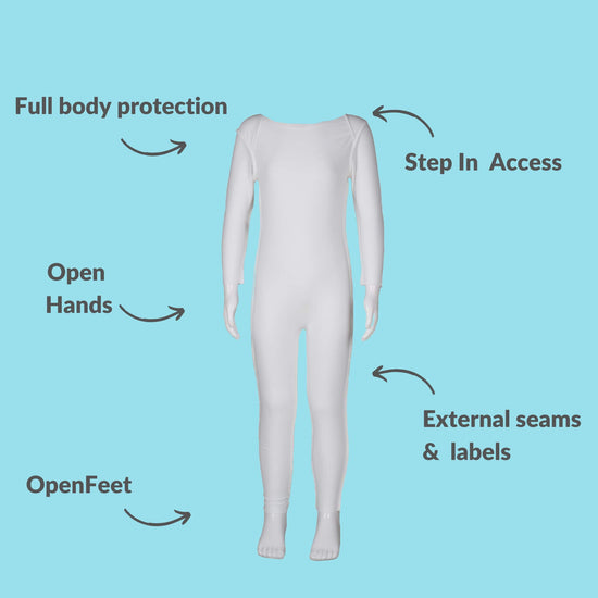 Close-up of a hypoallergenic white eczema daysuit, featuring external seams, a full-body design, and zip-free access to prevent irritation.