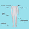 Close-up of a hypoallergenic white eczema daysuit, featuring external seams, a full-body design, and zip-free access to prevent irritation.