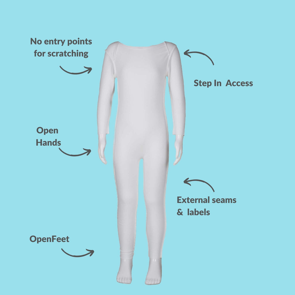 White full-body suit with features highlighted on a blue background