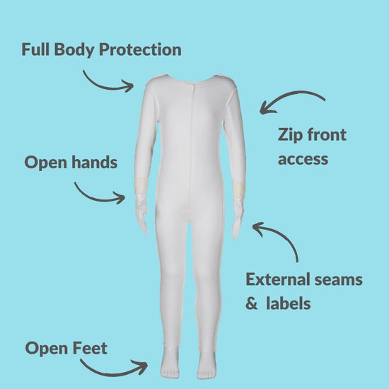 Skinakin's zip front eczema clothing day suit in white.  Text labels the benefits of zip free, zip front access, external labels and seams, hands and feet free design.