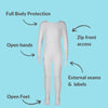 Skinakin's zip front eczema clothing day suit in white.  Text labels the benefits of zip free, zip front access, external labels and seams, hands and feet free design.