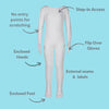 Protective eczema-friendly bodysuit with full coverage,  zip-free design to prevent irritation, step in access, flip over mitts, external labels and seams, and enclosed feet.