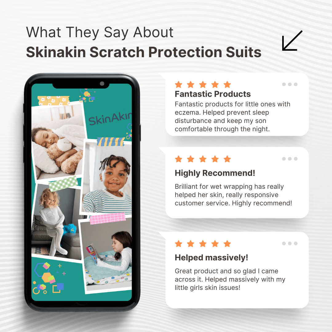 Three customer reviews praising SkinAkin eczema clothing for comfort, protection, and quality.