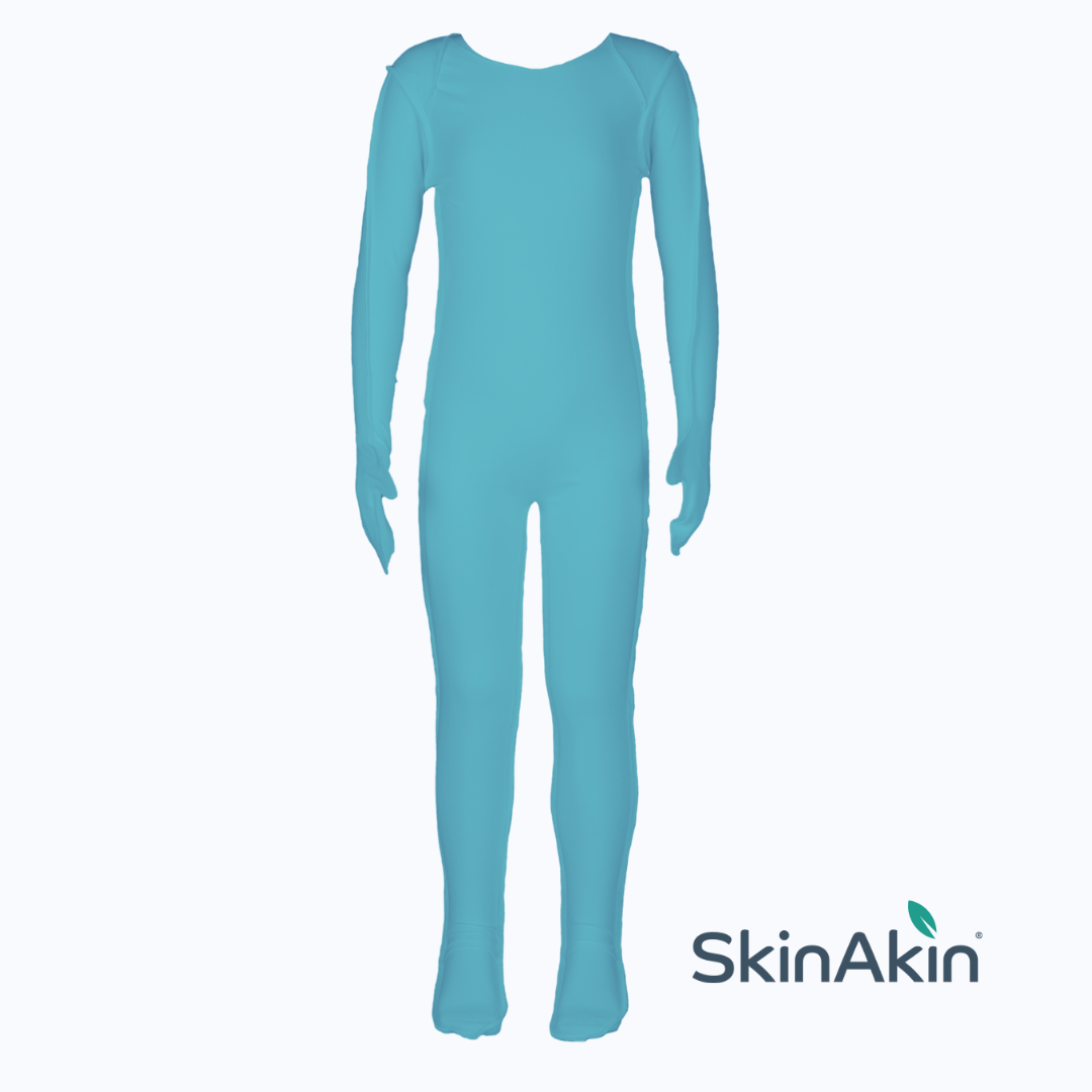 A picture of turquoise green skinakin eczema clothing's zipped free eczema pyamas.