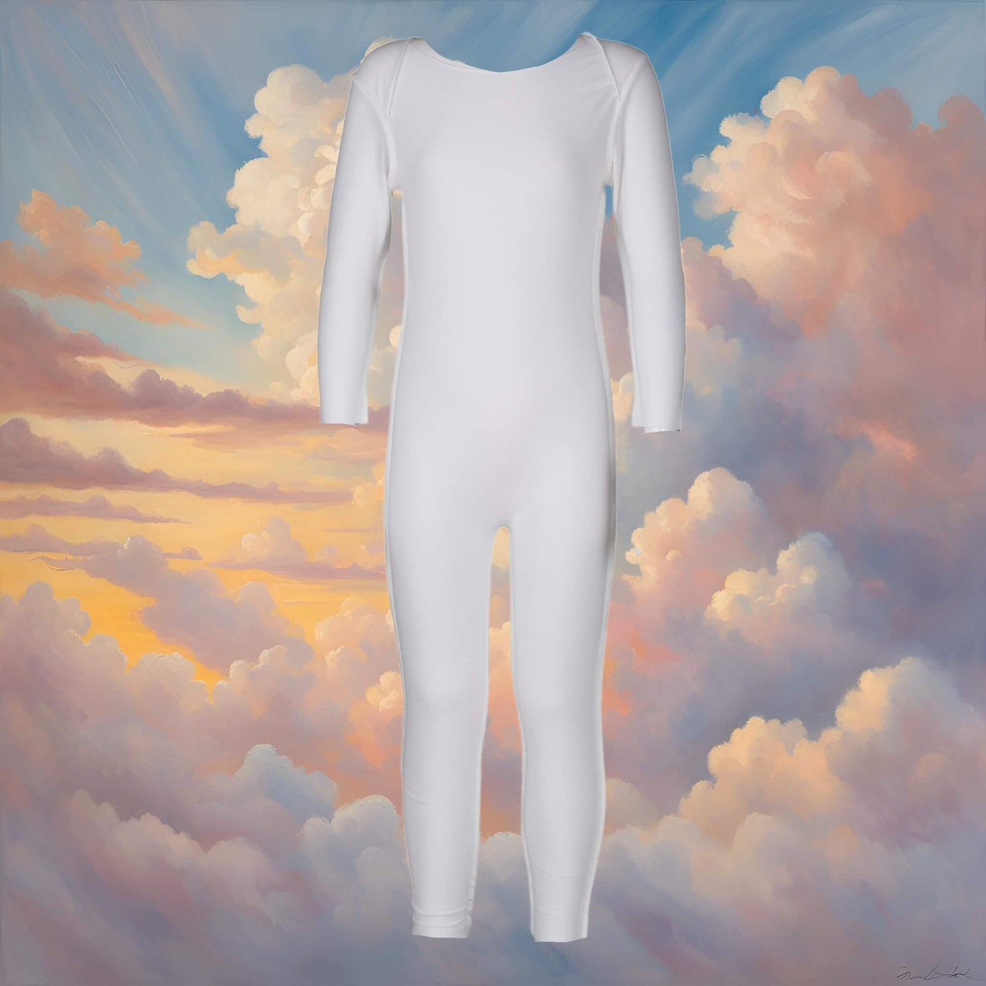 White bodysuit against a colorful cloud background