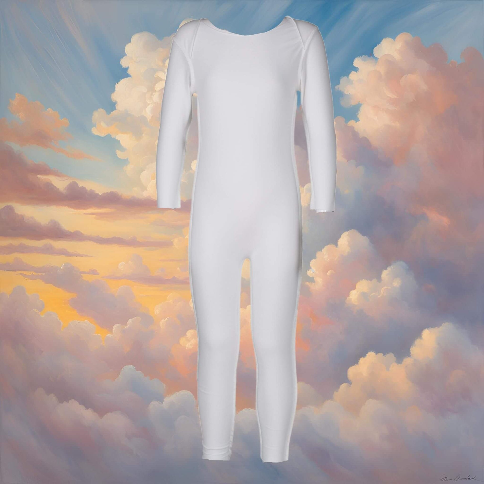 Breathable, hypoallergenic daysuit for eczema-prone skin, presented with a soft cloudy background for a gentle aesthetic