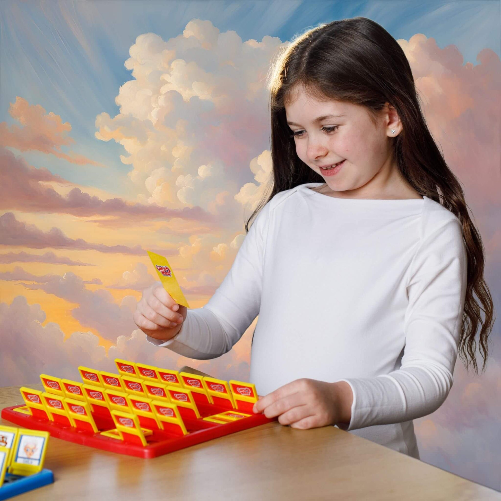 Smiling girl wearing a white eczema-friendly daysuit, enjoying a game of Guess Who.